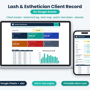 May include: A digital Lash & Esthetician Client Record for Google Sheets displayed on a laptop and smartphone screen. The interface features a Studio Dashboard with revenue metrics, client tracking, treatment logs, and a printable client card.