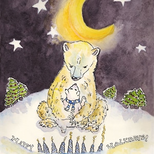 Bear Hugs Holiday Greeting Card, par Michelle Kogan, Hanoukka, Noël, Aquarelle, Art & Collectibles, Art pour enfants, Illustration