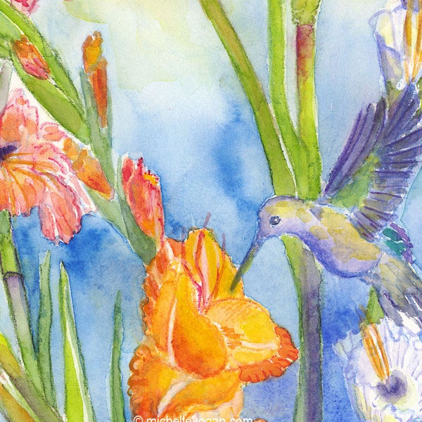 Hummingbird Bees and Gladiolas Archival Print, by Michelle Kogan, Watercolor, Flower and Bird Lovers, Giclee, Prints, Painting, Hummingbird