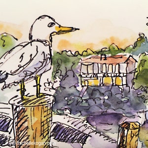 Saugatuk Kalamazoo rivier wenskaart, door Michelle Kogan, natuur gevulde rivier, aquarel, verjaardagskaart, pen en inkt, voor iedereen
