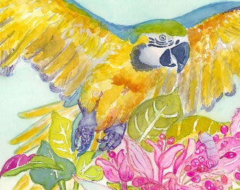 Yellow-and Blue Macaw and  Flowers, Archival Print, by Michelle Kogan, Children's Art, Giclee, Watercolor, Birds, Painting