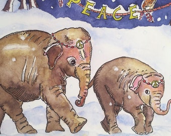 Elephants in the Snow Holiday Card, by Michelle Kogan, Endangered species, Christmas, Hanukkah, Watercolor, Children's Art, Watercolor, Pens