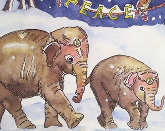 Elephants in the Snow Holiday Card, by Michelle Kogan, Endangered species, Christmas, Hanukkah, Watercolor, Children&#39;s Art, Watercolor, Pens