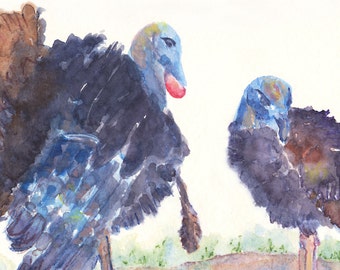 Two Wild Turkeys, Archival Print, by Michelle Kogan, Watercolor, 8.5 x 11, Art & Collectibles, Drawing and Illustration, Thanksgiving, Fall