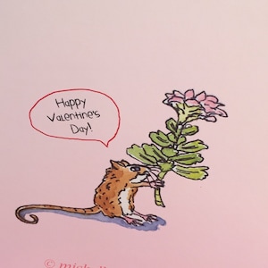 Muis en bloemen Valentijnsdag kaart, door Michelle Kogan, wenskaart, vertederende muis met weelderige bloemen, kleine dieren, pen & inkt, liefde