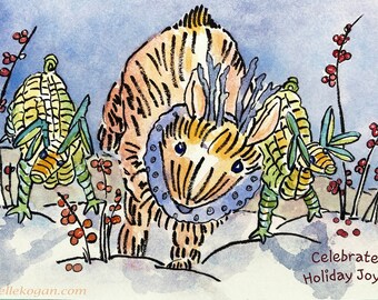 Straw Ornaments Joyful Holiday Greeting Card by Michelle Kogan, Watercolor and watercolor pencils, A card for everyone family and friends