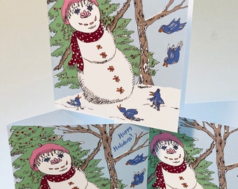 Snowperson & Birdies Gift Card, by Michelle Kogan, Jolly Snowman, Silly Bluebirds, Card for All, Lively and Fun Card, Holiday Magical Card