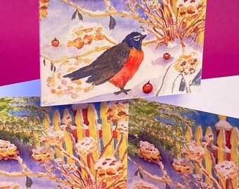 Tarjeta de regalo Robin Hydrangea & Hawthorn Berries, por Michelle Kogan, Robin reflexivo, Tarjeta para todos, Escena invernal alegre, Color vibrante