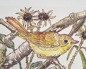 Common Yellow Throat Archival Print, by Michelle Kogan, For All Bird Lovers, Giclée, Bring Nature Inside, Wildflowers, Lively Print