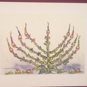 Sage Menorah mini archival print, by Michelle Kogan, prints, Hanukkah, Nature, Art and Collectibles, Children's Art, Watercolor, Holidays image 1