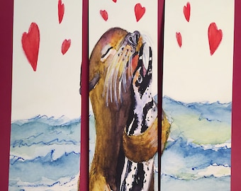 Seal and Penguin in Love Bookmarks, by Michelle Kogan, Valentines Day, Children's Art, Love, Watercolor, Books, Book Accessories, Animals