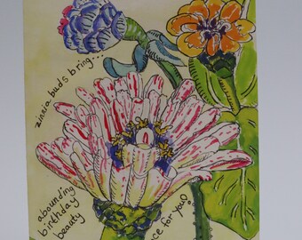 Zinnia Buds Birthday Brilliance Card, by Michelle Kogan, Blooming Vibrant Colors, Just Picked for Everyone, Blank for your personal note