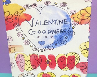 Tarjeta de felicitación Valentine Goodness, por Michelle Kogan, tarjeta de corazón colorida y animada, para todos, flores animadas, felicidad reutilizada