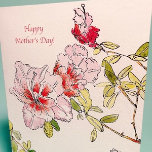 Azalea Muttertagskarte, von Michelle Kogan, Grußkarte, Für alle Mamis, Aquarell, Feder und Tusche, Blanko, Blumen, Muttertag, Mama