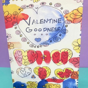 Tarjeta de felicitación Valentine Goodness, por Michelle Kogan, tarjeta de corazón colorida y animada, para todos, flores animadas, felicidad reutilizada