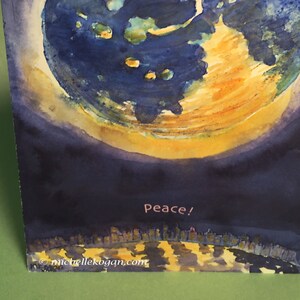 Blue Moon Peace Greeting Card, par Michelle Kogan, Carte de Vacances, Carte de Noël, Nouvel An, Carte de Hanoukka, Aquarelle, Blanc, Art pour enfants