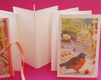 Cuaderno de bocetos de acuarela de bolsillo Robin Hydrangea, de Michelle Kogan, escena invernal alegre, Robin pensativo, bayas de espino para Robin