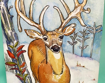 White-tailed Deer, Holiday Card, by Michelle Kogan, Christmas, Hanukkah, New Years, Birthday, Blank, Art and Collectables, Thank you, Animal