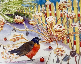 Robin Hydrangea y Hawthorn Berries Giclée Print, por Michelle Kogan, Holidayish Wintery Scene, para que todos disfruten, deslumbrante acuarela