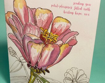 Zinnia Petal Pleasures Healing Card, by Michelle Kogan, Pen and Ink and Watercolor, For Everyone, Hope filled Card,