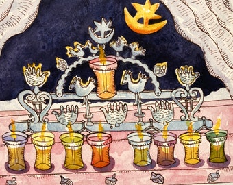 Oil Lamp Menorah, Hanukkah Greeting Card, by Michelle Kogan, Holiday Card, Chanukah, Blank Children's Art, Art and Collectables, Pen and ink