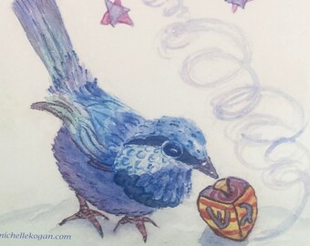 Bluebird & Dreidel Hanukkah Card  by Michelle Kogan, Holiday of Light, Card for Everyone, Lively Watercolor, Celebrate with all, Winter Joy