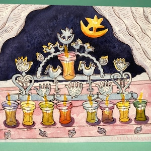 Lampada a olio Menorah, biglietto di auguri per Hanukkah, di Michelle Kogan, biglietto di auguri, Chanukah, arte per bambini vuota, arte e oggetti da collezione, penna e inchiostro