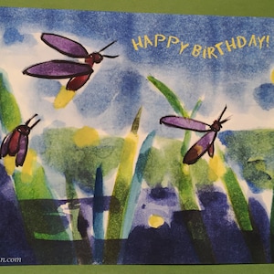 Firefly Happy Birthday Karte, von Michelle Kogan, Grußkarte, Kinderkunst, Natur gefüllte Nacht, Aquarell, Pinselstift, schillernde Insekten