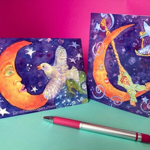 Erde Mond Taube Grußkarte, Und Junge Mond Taube Grußkarte, Von Michelle Kogan, Weihnachten, Chanukka, Neujahrskarten, reiche Aquarell