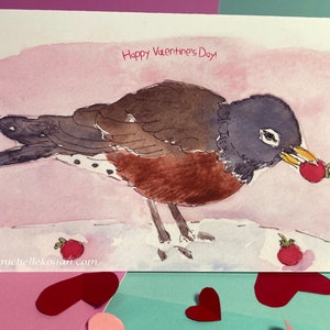 Valentijnskaart Bird and Berries, door Michelle Kogan, wenskaart, voor iedereen, vreugdevolle kaart, goddelijke aquarellen, liefde, gevederde vrienden