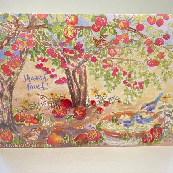 Apples & Wrens for Rosh Hashanah Greeting Card, By Michelle Kogan, Jewish New Year's Card, For Everyone, Shanah Tovah, Apple Orchard, Birds