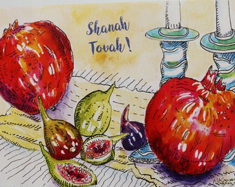 Pomegranate & Figs Rosh Hashanah Card, by Michelle Kogan, Luscious New Year Holiday Card, For Everyone, Spreading Joy, Blank for Your Note