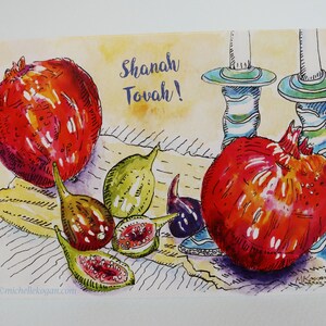 Cartão Rosh Hashanah de romã e figos, de Michelle Kogan, delicioso cartão de feriado de ano novo, para todos, espalhando alegria, em branco para sua nota