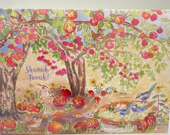 Apples & Wrens for Rosh Hashanah Greeting Card, By Michelle Kogan, Jewish New Year's Card, For Everyone, Shanah Tovah, Apple Orchard, Birds