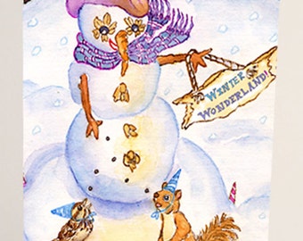 Snowman and Friends Mini Archival Print, by Michelle Kogan, Holidays, Christmas, Hanukkah, Stocking Stuffers, Watercolor, Children's Art