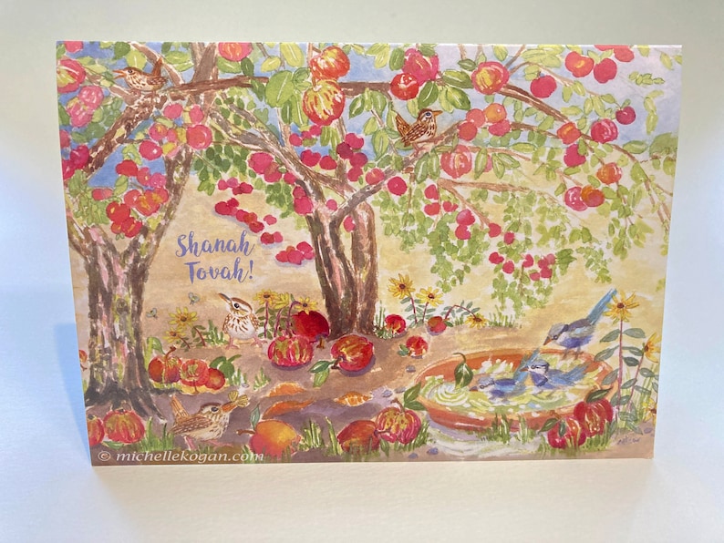 Apples & Wrens for Rosh Hashanah Greeting Card, By Michelle Kogan, Jewish New Year's Card, For Everyone, Shanah Tovah, Apple Orchard, Birds image 1