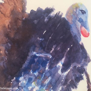 Puede incluir: Pintura acuarela de un pavo con plumas marrones y azules. La cabeza del pavo está girada hacia un lado y su barbilla es roja.