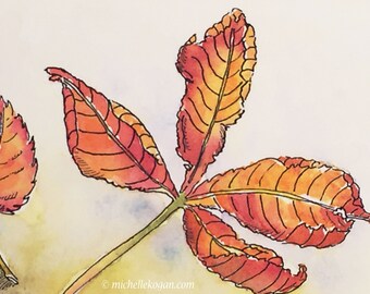 Three Leaves Fall Greeting Card, by Michelle Kogan, Note Card, Gift Card, Thank you Card, Holiday, Birthday Card,  Sparkling Watercolor