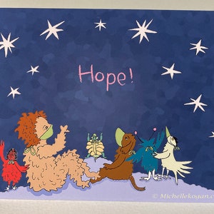 Les amis de l’espace espèrent! Feel Good Holiday Greeting Card par Michelle Kogan, Pen and Ink et art numérique, Joyful Card for Everyone family friends