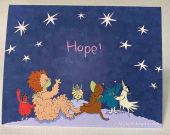 Space Friends Hope! Feel Good Holiday Greeting Card by Michelle Kogan, Pen and Ink and digital art, Joyful Card for Everyone family friends