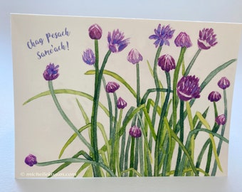 Rose Tipped Onion Passover Card, By Michelle Kogan, Purplish Spring Flowers, Watercolor, Tender greens, Family, Jewish Pesach Card for All