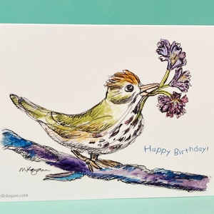 Carte d'anniversaire Ovenbird, par Michelle Kogan, Pour les amoureux des oiseaux de tout âge Enfants Maman Papa ami Tante Oncle, Aquarelle et crayon, poème, Vierge