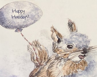 Tarjeta de regalo Ardilla en nieve, por Michelle Kogan, Adorable tarjeta navideña, Tarjeta de regalo para todos, Escena invernal, Preciosa nieve de lavanda