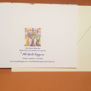 Old World Menorah Hanukkah Card, By Michelle Kogan, Greeting Card, Art and Collectibles, Watercolor, Painting, Menorah, Blank Card image 3