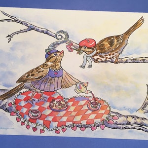 Sparrow's Valentine Tea Grußkarte, von Michelle Kogan, Aquarell, Valentinskarte, Geschmückte Vögel, Teeparty, Joshing Outfits