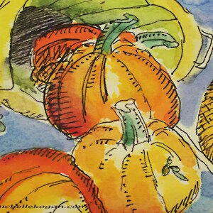 Cornucopia di Pumpkins Biglietto di auguri, di Michelle Kogan, Halloween, Grazie, Arte per bambini, Invito, Penna, Acquerello, Arte da collezione