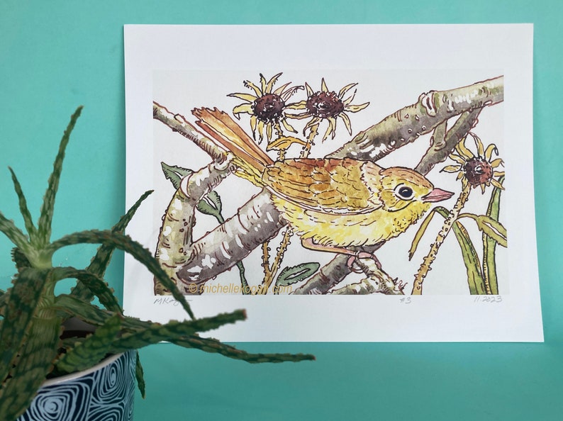 Common Yellow Throat Archival Print, by Michelle Kogan, For All Bird Lovers, Giclée, Bring Nature Inside, Wildflowers, Lively Print image 7