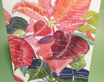 Poinsettia Holiday Greeting Card, by Michelle Kogan, Christmas, Hanukkah, Luscious Watercolor, Flower Lovers Card, Painting, Birthday Card