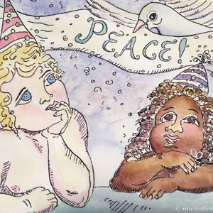 Cherubino Colomba Peace Card, di Michelle Kogan, biglietto di auguri, Natale, Hanukkah, Capodanno, arte e oggetti da collezione, acquerello, arte per bambini