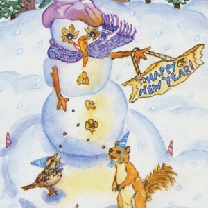 Bonhomme de neige et carte de voeux avec un ami, par Michelle Kogan, cartes de vœux, Nouvel An, aquarelle, art, animaux, oeuvres d'art pour enfants, enfants